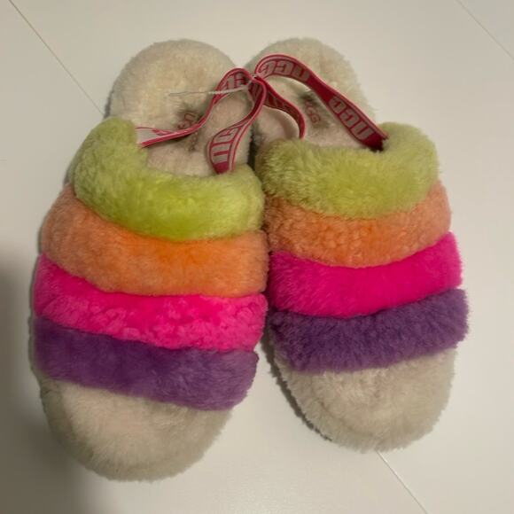 UGG brand Fluff Yeah Logo Slide Slipper size 7 White Multi Colored Stripes - Picture 1 of 5